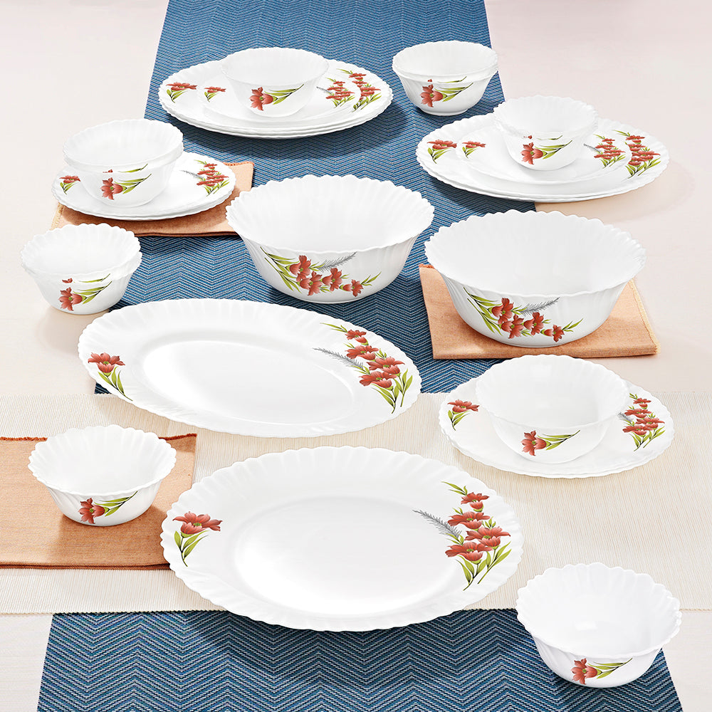 Larah by Borosil Red Iris Dinner Set 27 pc Set: Serves 6 (Option 1)