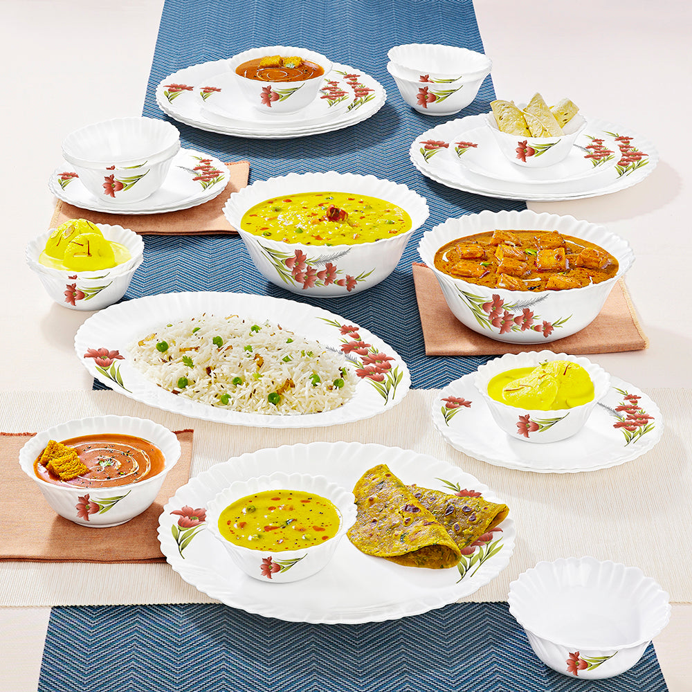 Larah by Borosil Red Iris Dinner Set 27 pc Set: Serves 6 (Option 1)