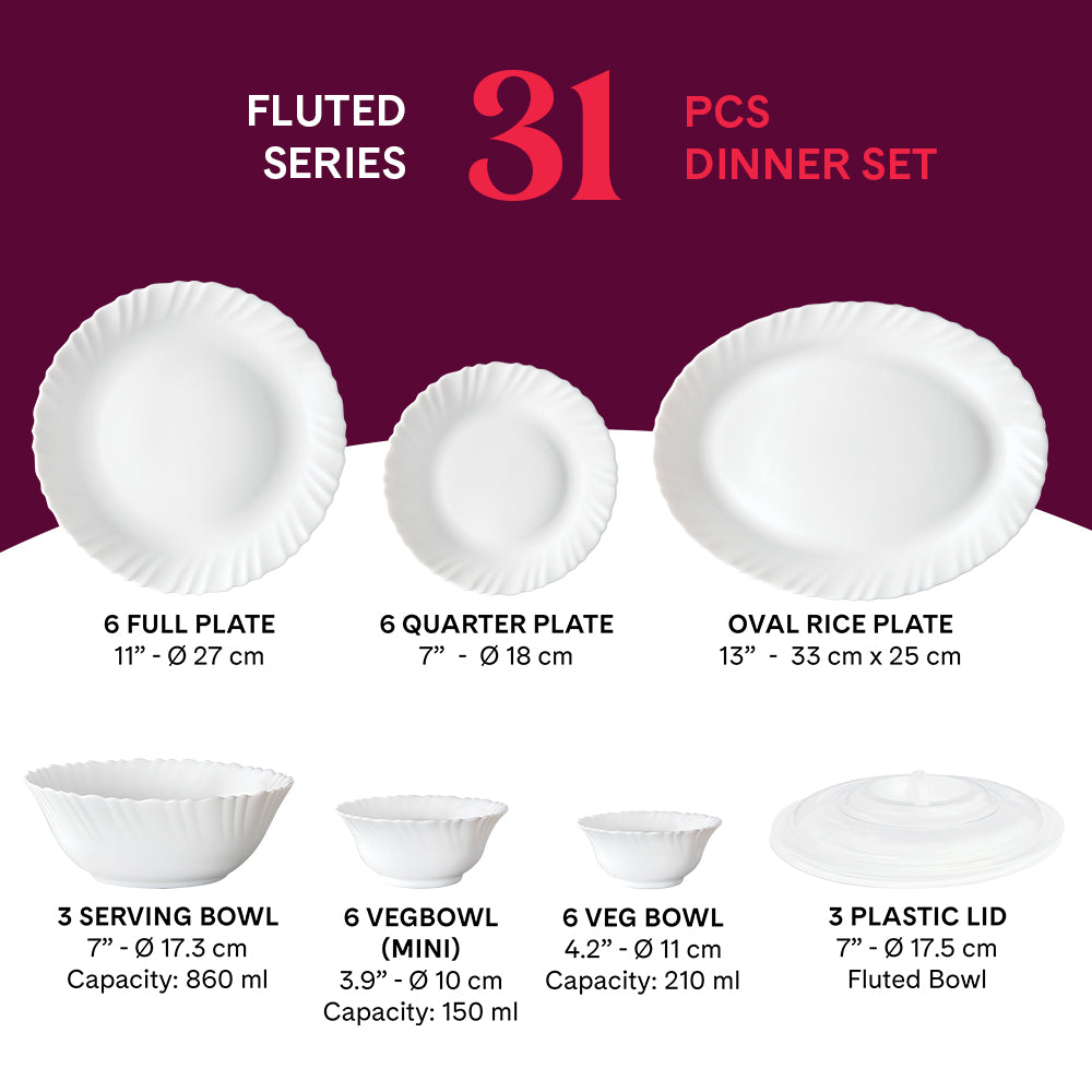 Larah by Borosil, Bellflower Dinner Set 31 pc Set: Serves 6