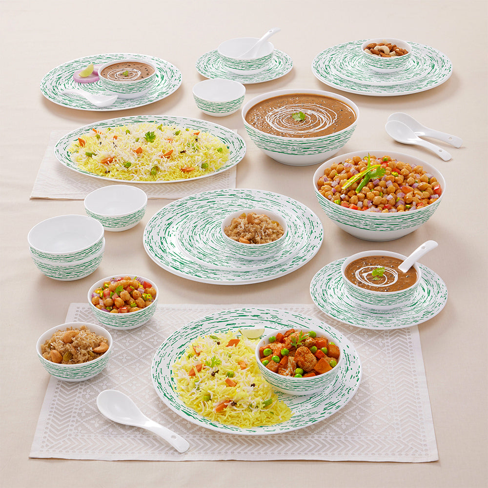 Larah by Borosil, Opalware, Microwave Safe, Green Nova Dinner Set (Serves 4,6,8) 33 pc Set: Serves 6