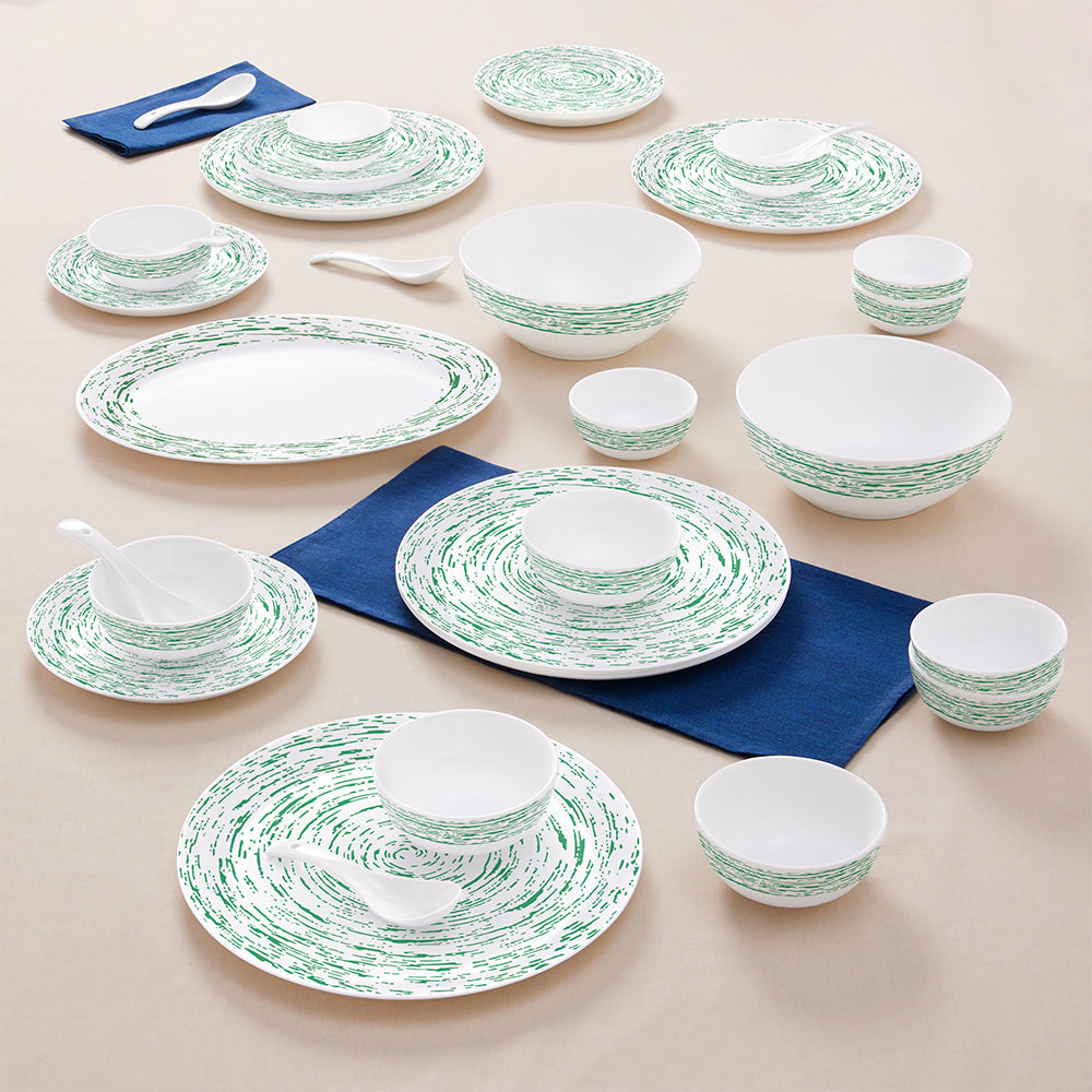 Larah by Borosil, Opalware, Microwave Safe, Green Nova Dinner Set (Serves 4,6,8) 33 pc Set: Serves 6