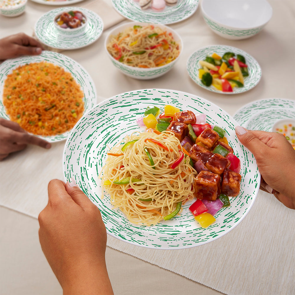 Larah by Borosil, Opalware, Microwave Safe, Green Nova Dinner Set (Serves 4,6,8) 33 pc Set: Serves 6