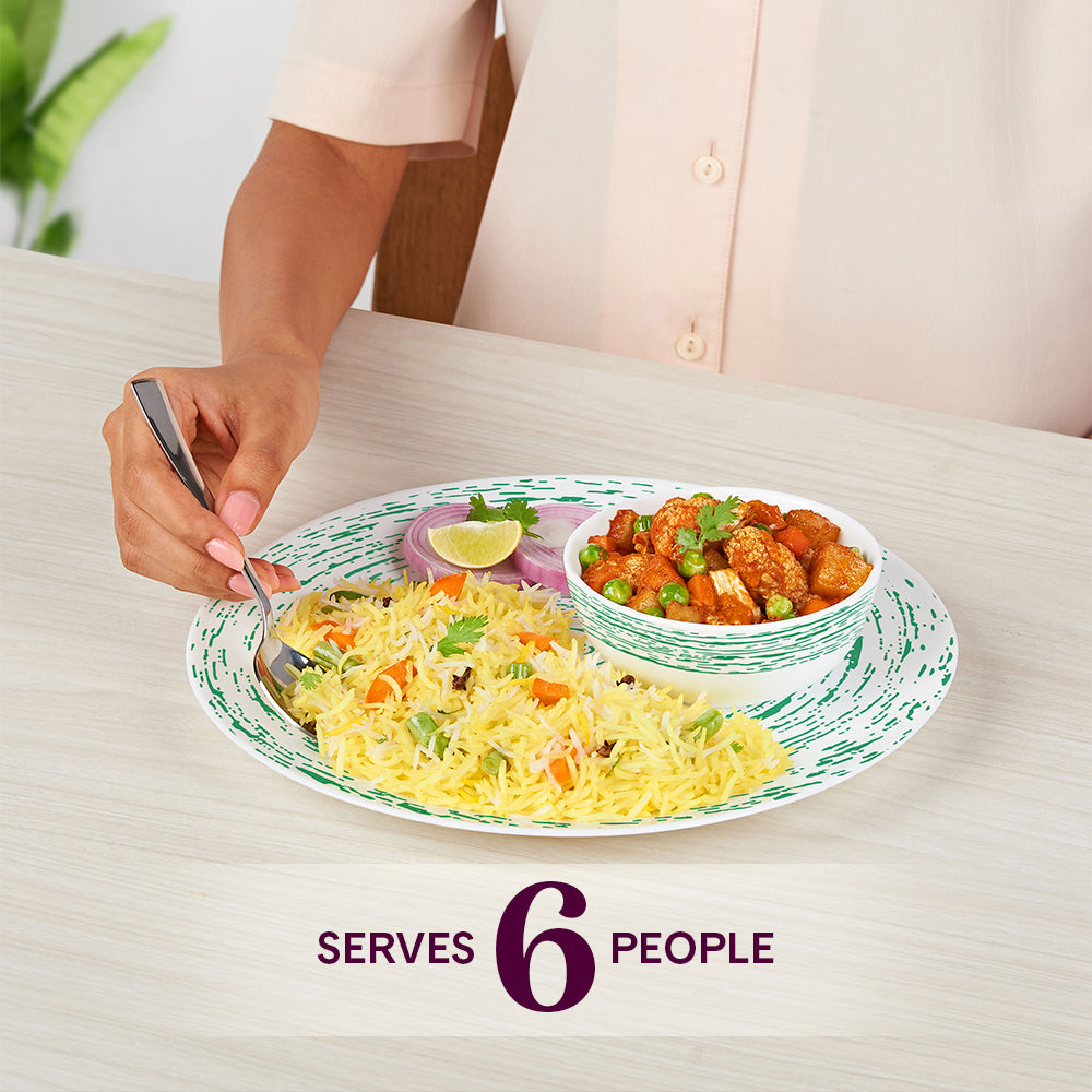 Larah by Borosil, Opalware, Microwave Safe, Green Nova Dinner Set (Serves 4,6,8) 33 pc Set: Serves 6