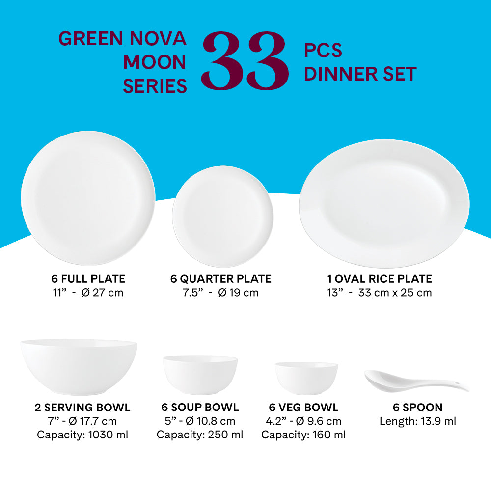 Larah by Borosil, Opalware, Microwave Safe, Green Nova Dinner Set (Serves 4,6,8) 33 pc Set: Serves 6