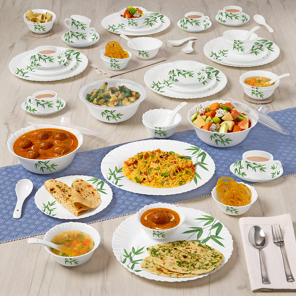 Larah by Borosil Bamboo Leaves Dinner Set 63 pc Set: Serves 8