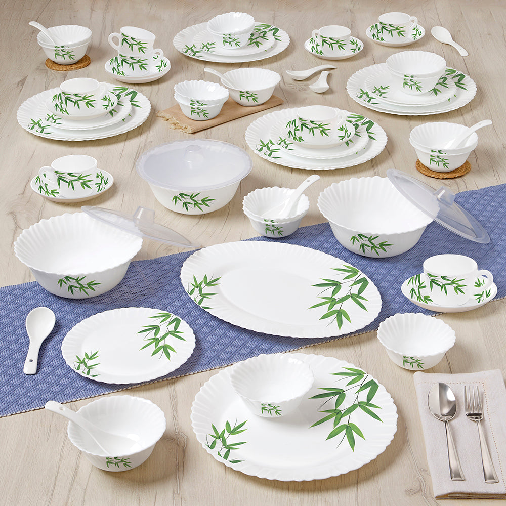 Larah by Borosil Bamboo Leaves Dinner Set 63 pc Set: Serves 8