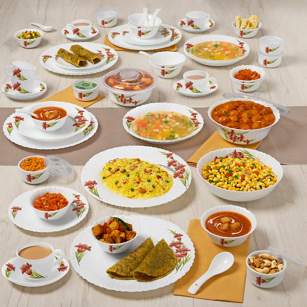 Larah by Borosil Red Iris Dinner Set 66 pc Set: Serves 6