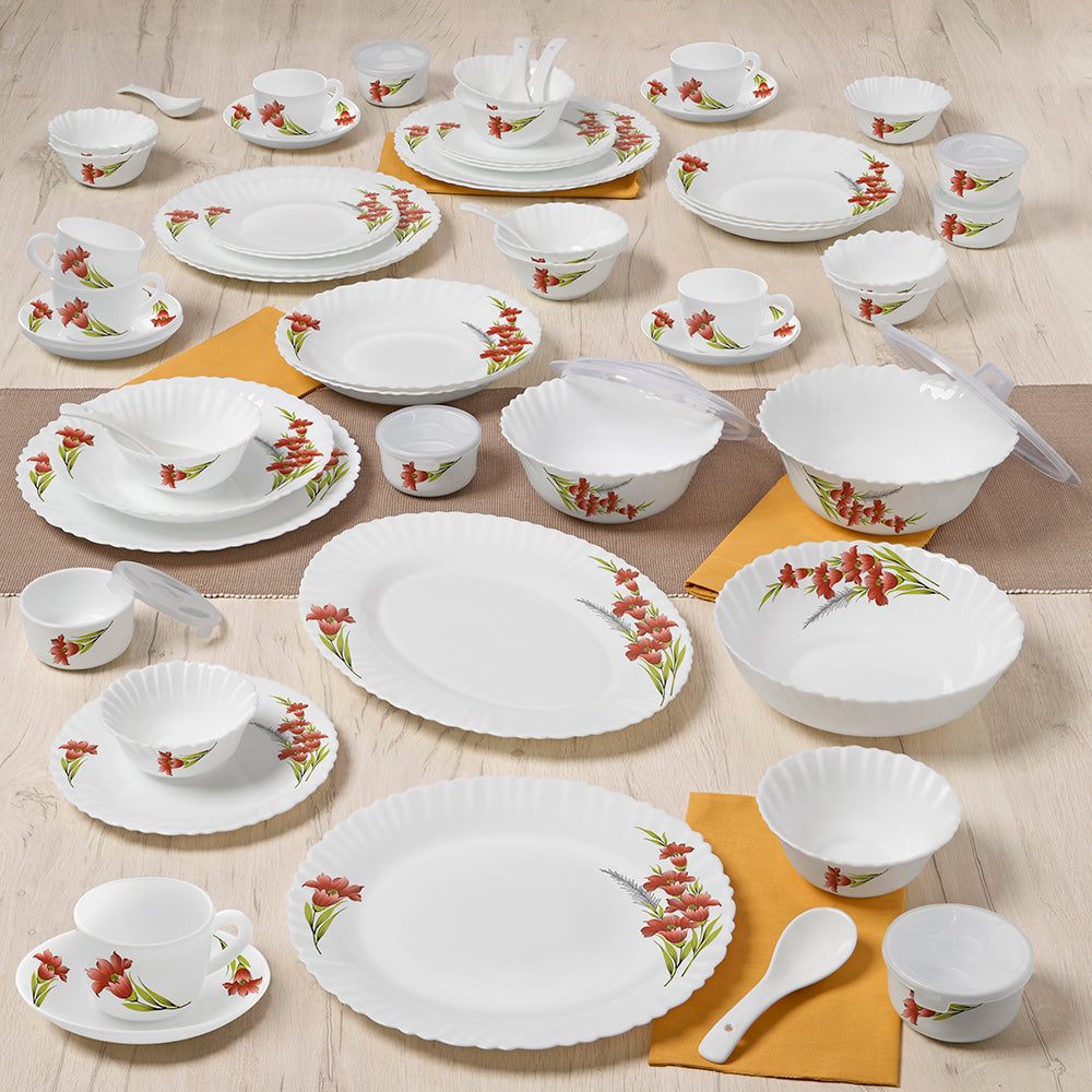 Larah by Borosil Red Iris Dinner Set 66 pc Set: Serves 6