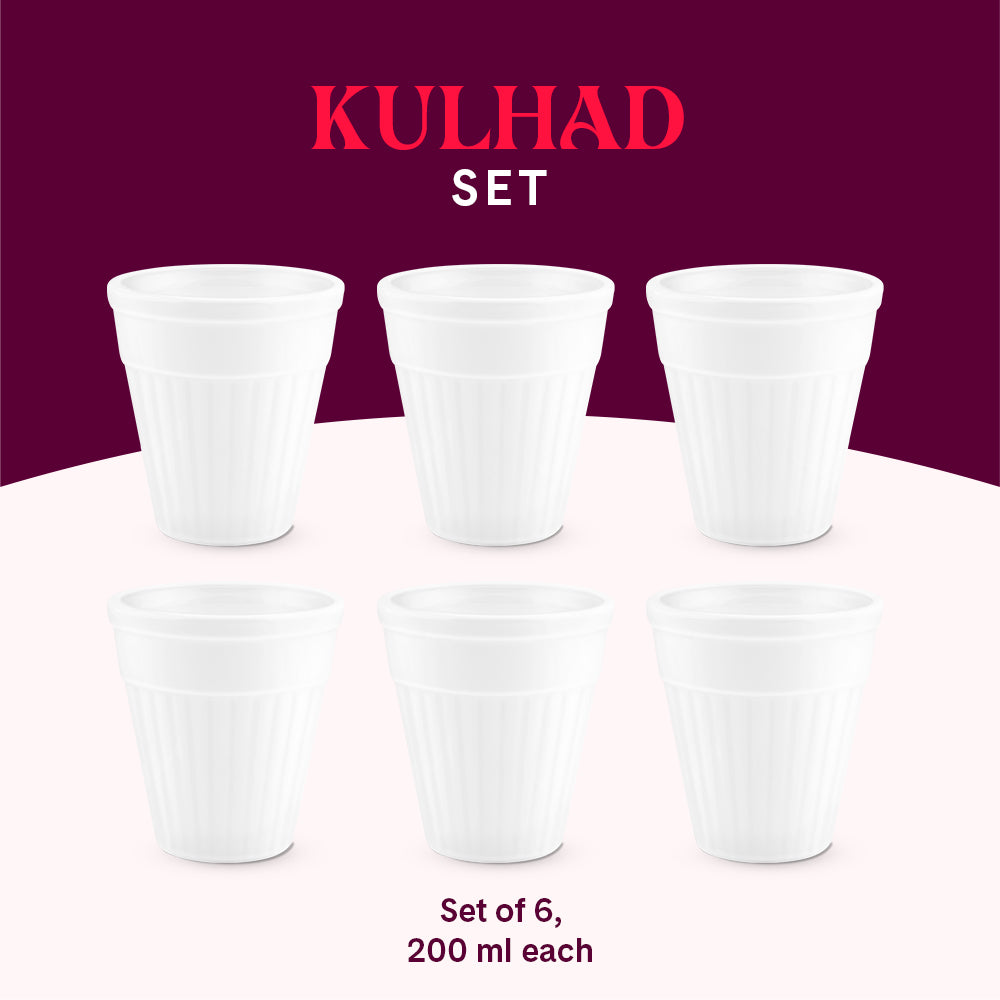Larah By Borosil Kulhad Set, White 200 ml x 6
