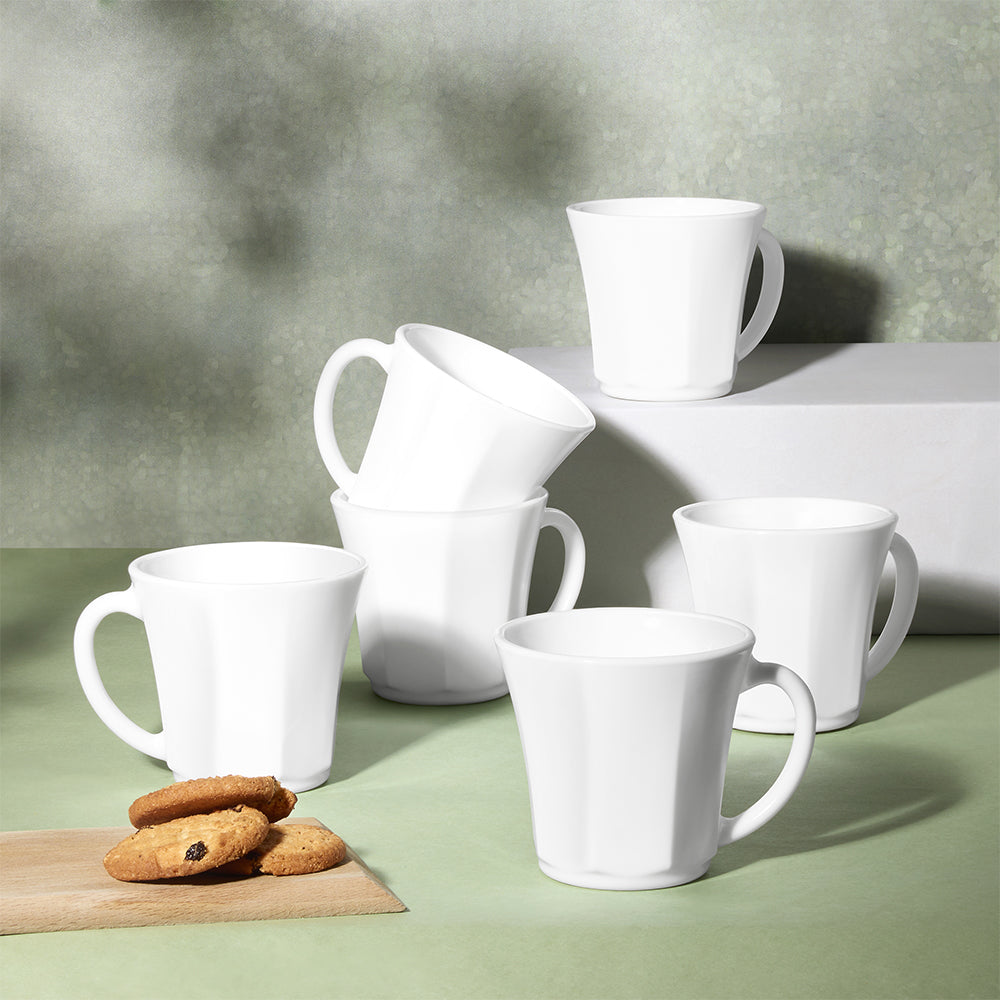 Larah By Borosil Octa Mug Set, White 200 ml x 6
