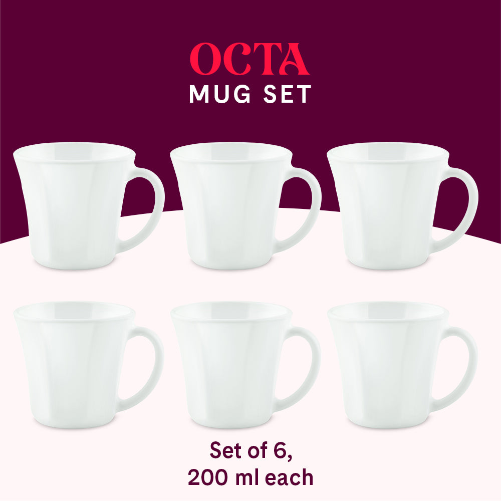 Larah By Borosil Octa Mug Set, White 200 ml x 6