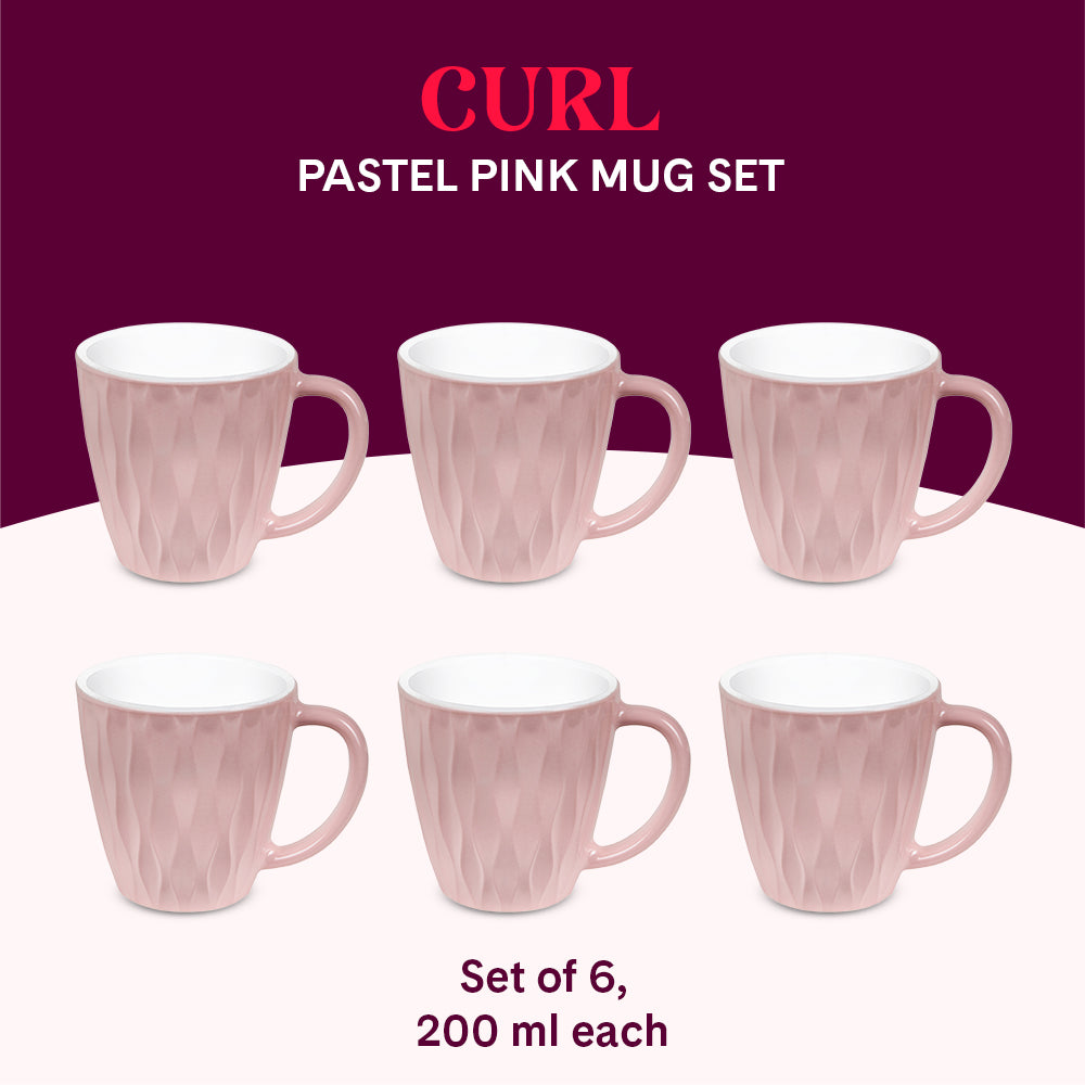 Larah By Borosil Curl Cup Set, Pastel Pink 200 ml x 6