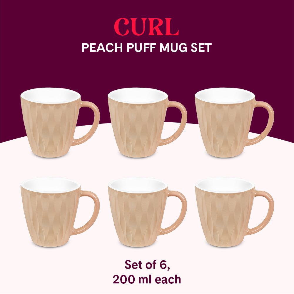 Larah By Borosil Curl Cup Set, Peach Puff 200 ml x 6