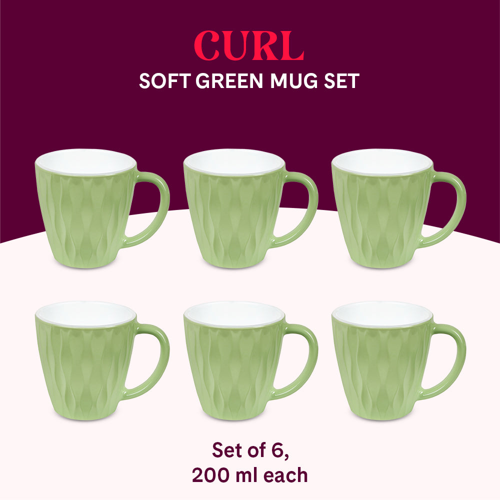 Larah By Borosil Curl Cup Set, Soft Green 200 ml x 6