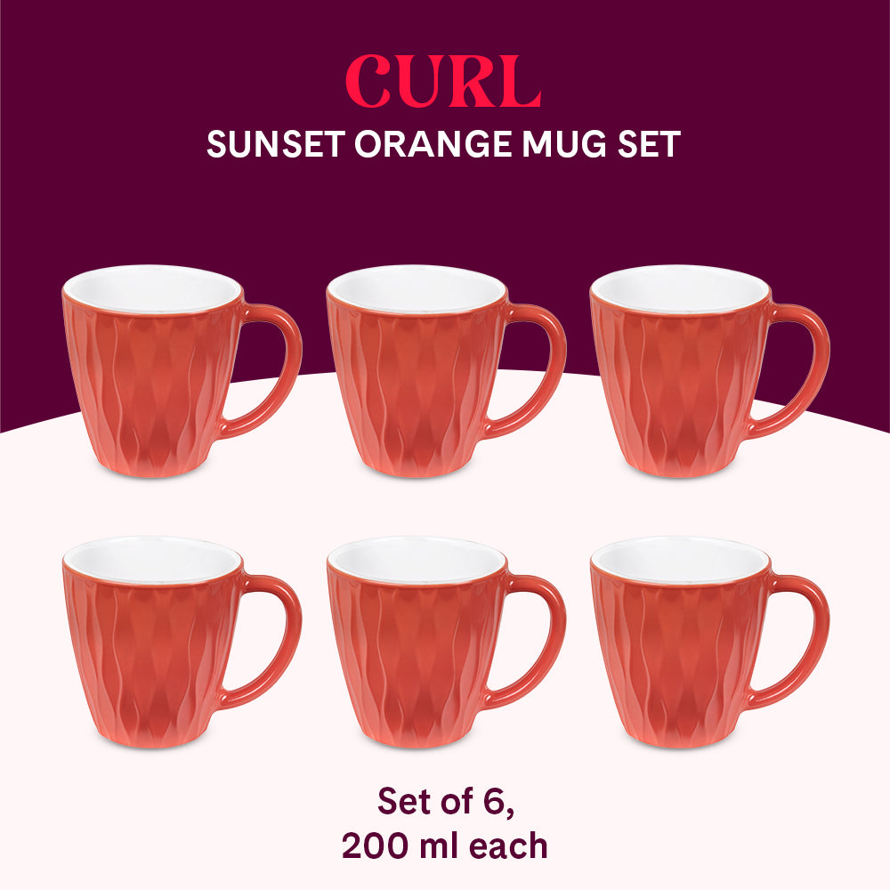 Larah By Borosil Curl Cup Set, Sunset Orange 200 ml x 6