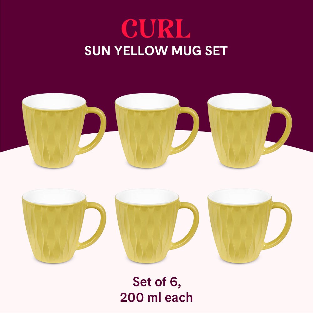 Larah By Borosil Curl Cup Set, Sun Yellow 200 ml x 6