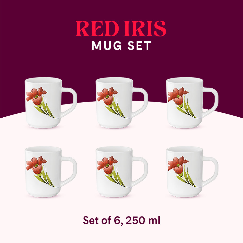 Larah by Borosil Red Iris Mug Set 240 ml x 6