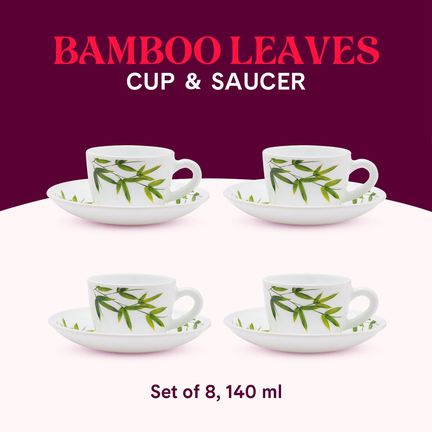 Larah by Borosil Bamboo Leaves Cup n Saucer Set 140 ml x 8