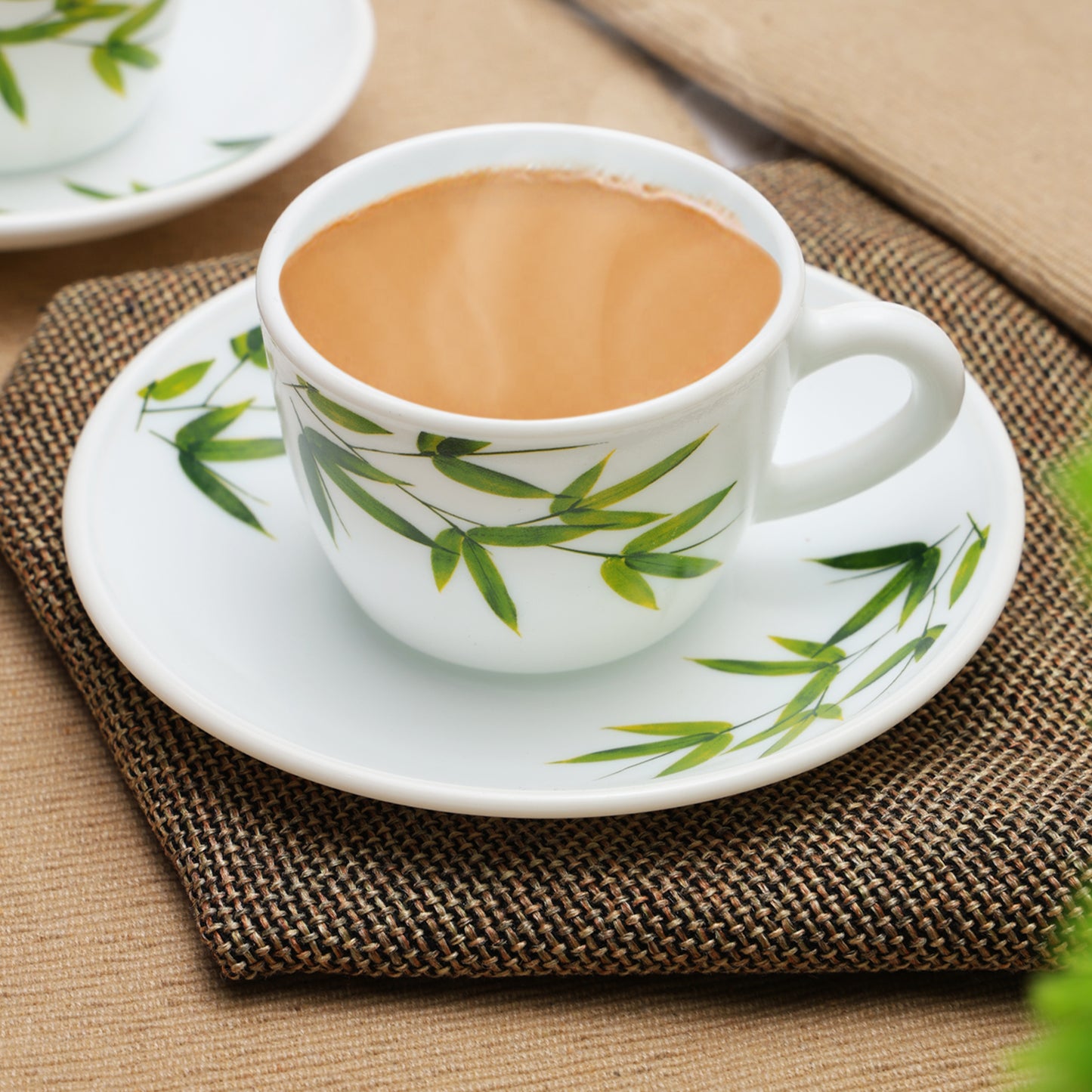 Larah by Borosil Bamboo Leaves Cup n Saucer Set 140 ml x 8