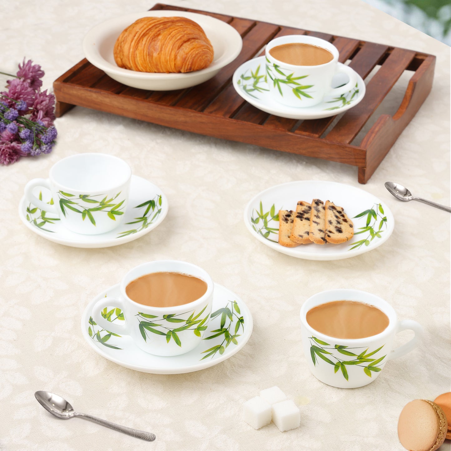Larah by Borosil Bamboo Leaves Cup n Saucer Set 140 ml x 8