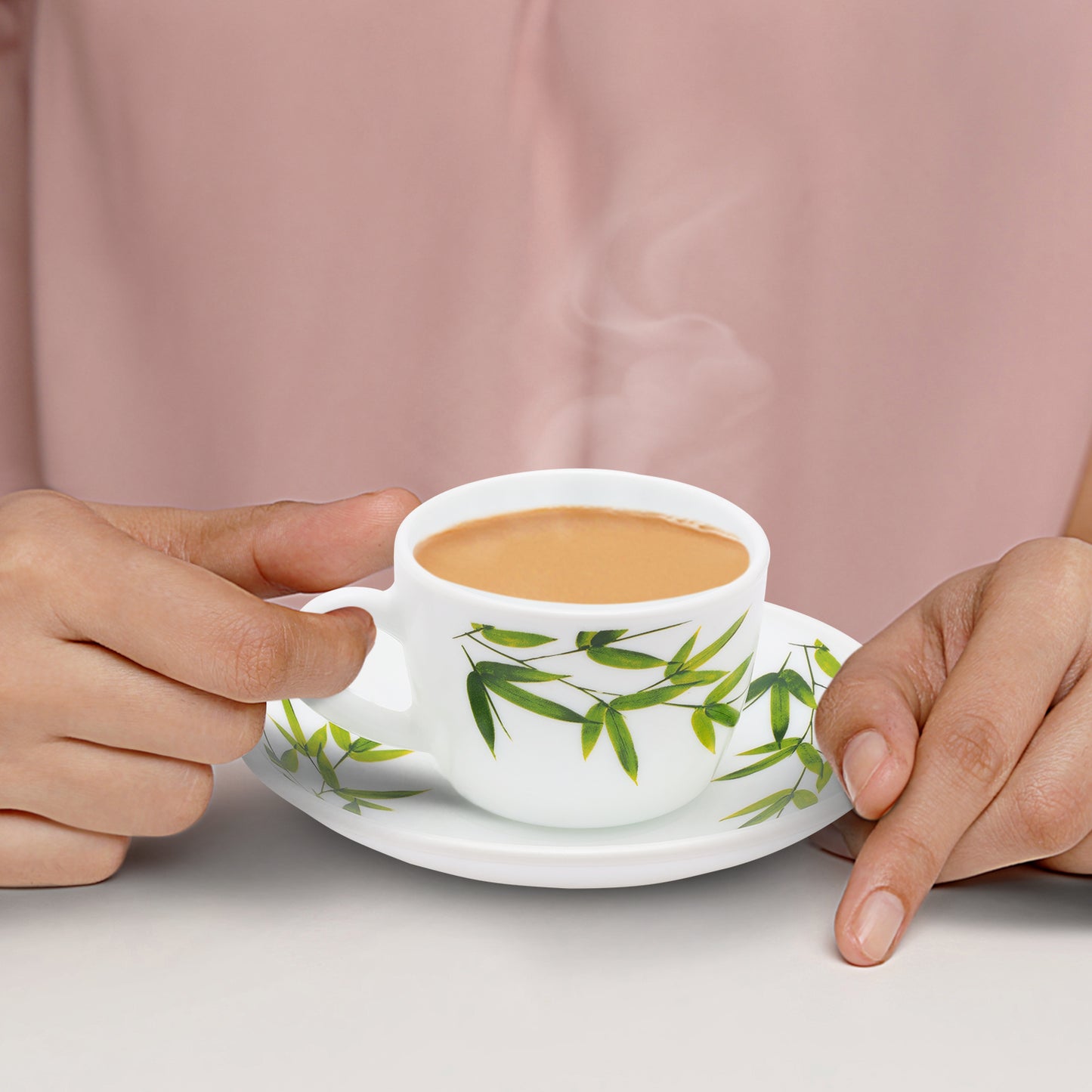 Larah by Borosil Bamboo Leaves Cup n Saucer Set 140 ml x 8