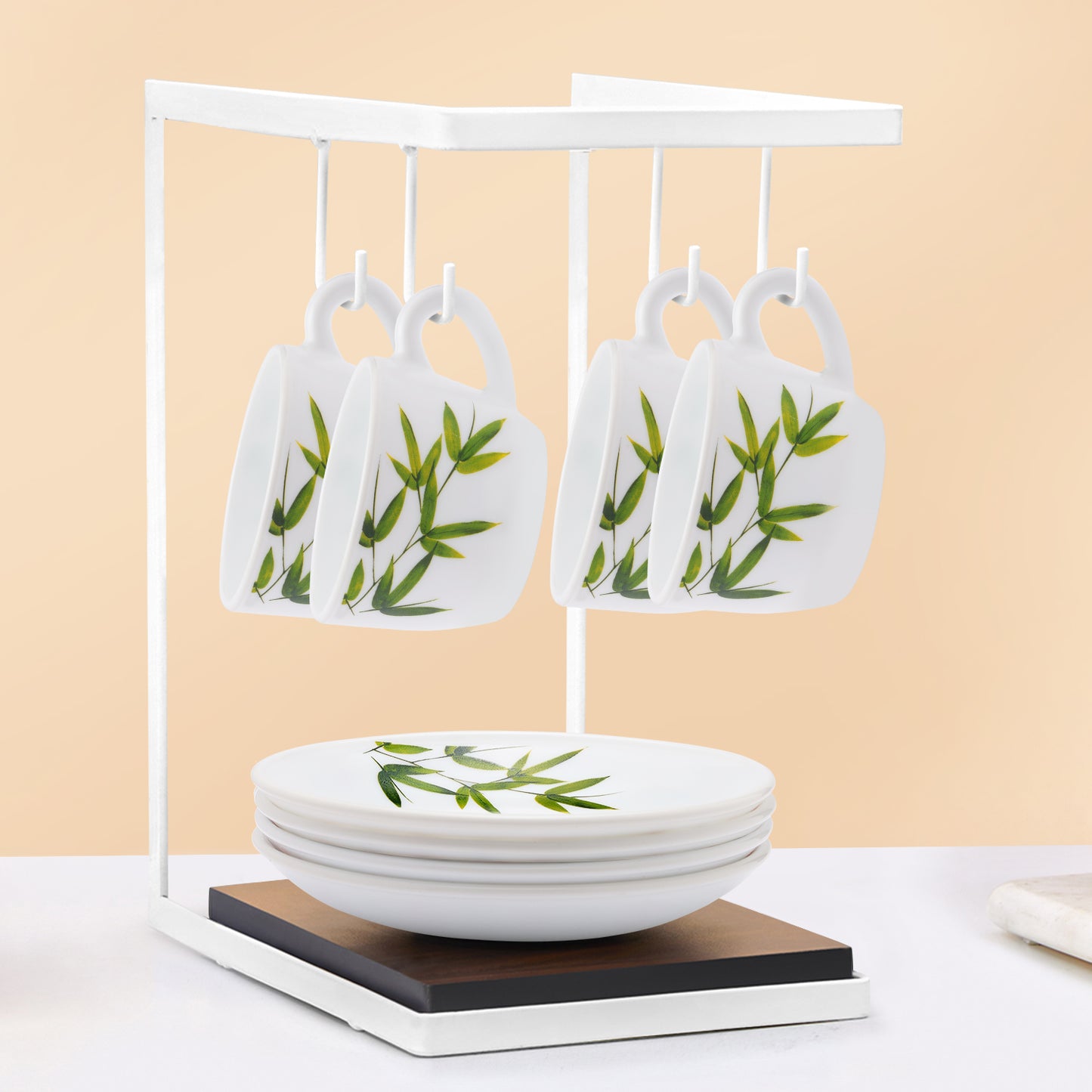 Larah by Borosil Bamboo Leaves Cup n Saucer Set 140 ml x 8
