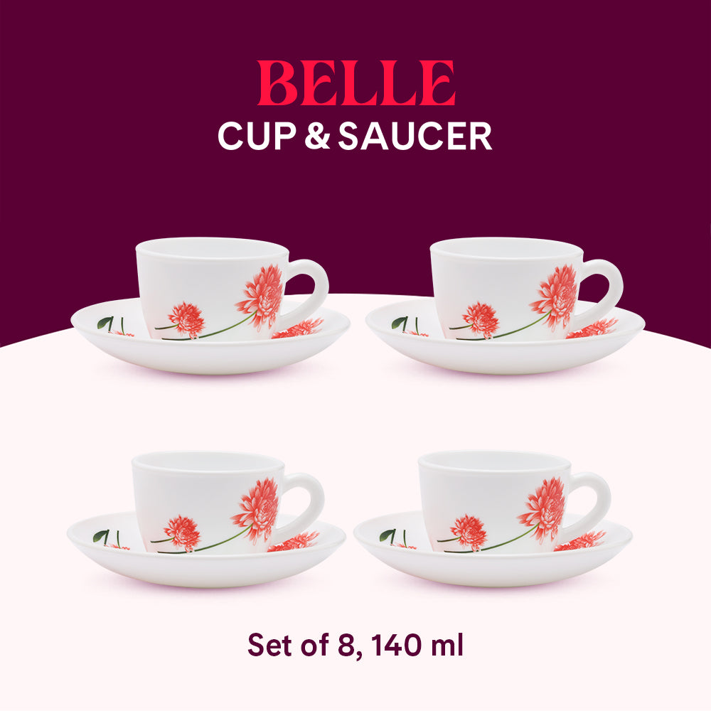 Larah by Borosil Belle Cup n Saucer Set 140 ml x 8