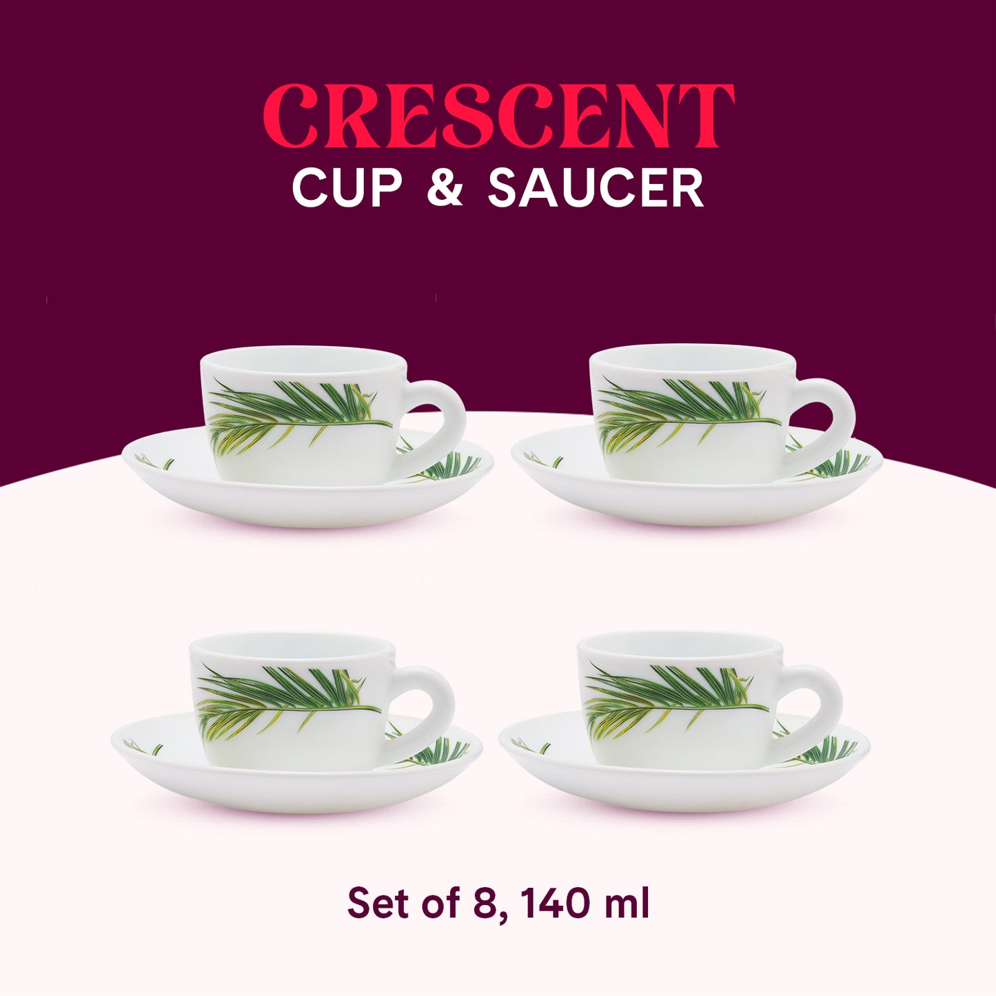 Larah by Borosil Crescent Cup n Saucer Set 140 ml x 8