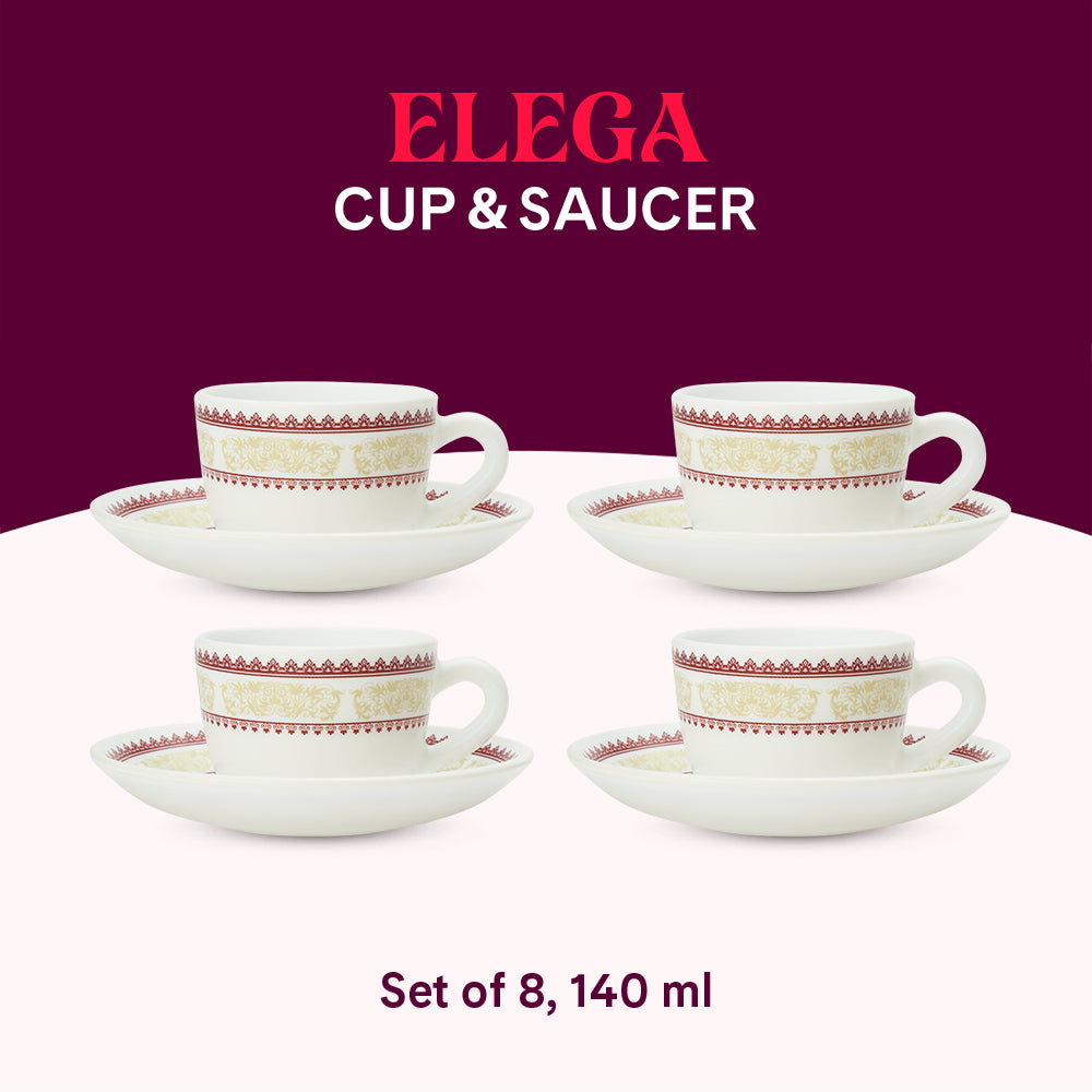 Larah by Borosil Elega Cup n Saucers Set 140 ml x 8