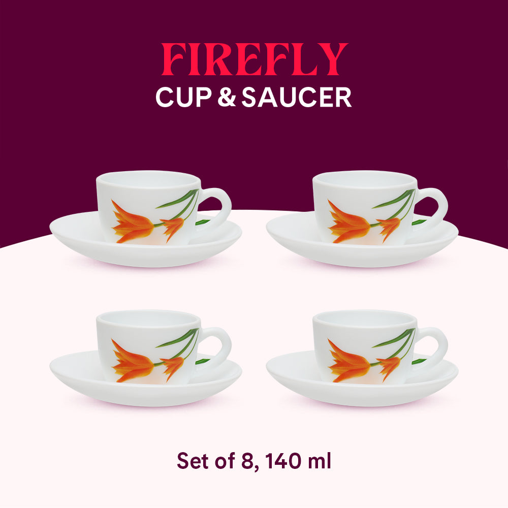 Larah by Borosil Firefly Cup n Saucer Set 140 ml x 8