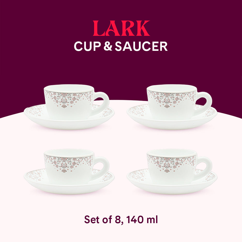 Larah by Borosil Lark Cup n Saucers Set 140 ml x 8