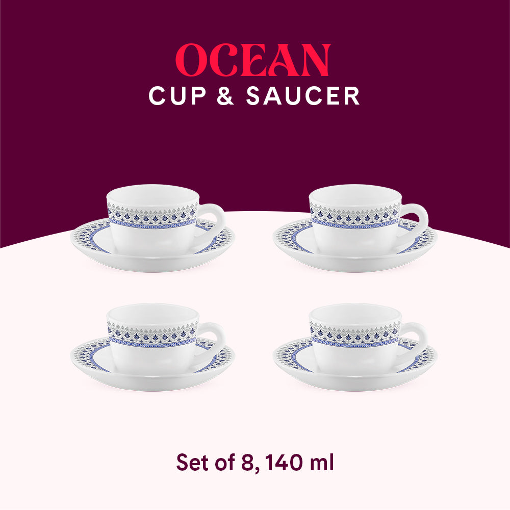 Larah by Borosil Ocean Cup n Saucers Set 140 ml x 8