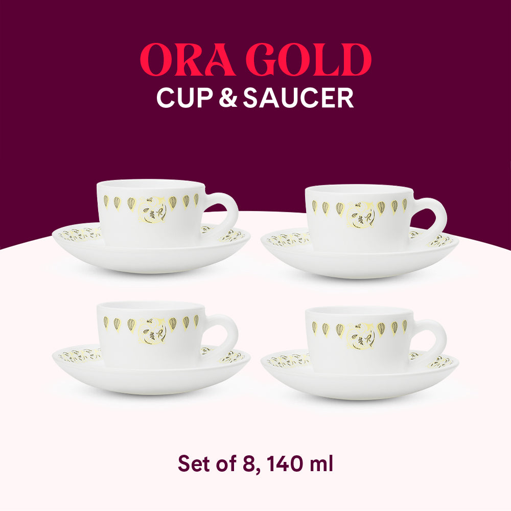 Larah by Borosil Ora Gold Cup n Saucer Set 140 ml x 8