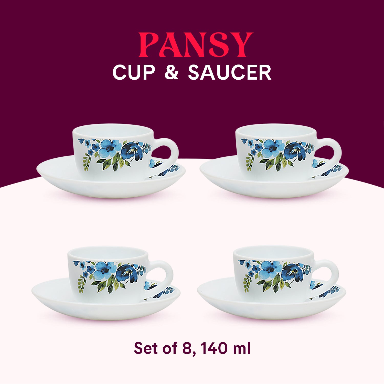 Larah by Borosil Pansy Cup n Saucer Set 140 ml x 8
