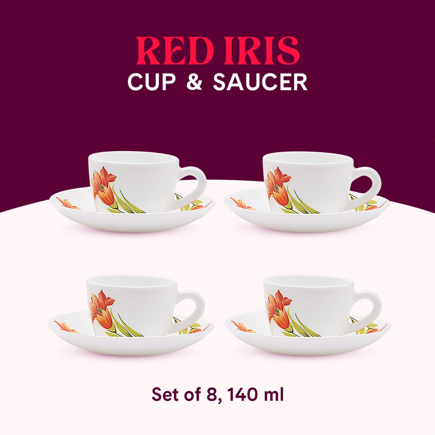 Larah by Borosil Red Iris Cup n Saucer Set 140 ml x 8