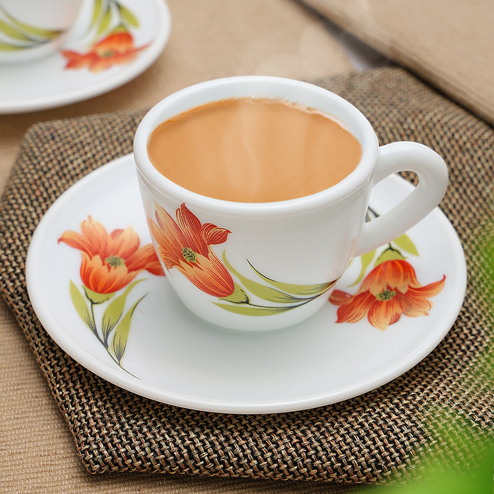 Larah by Borosil Red Iris Cup n Saucer Set 140 ml x 8