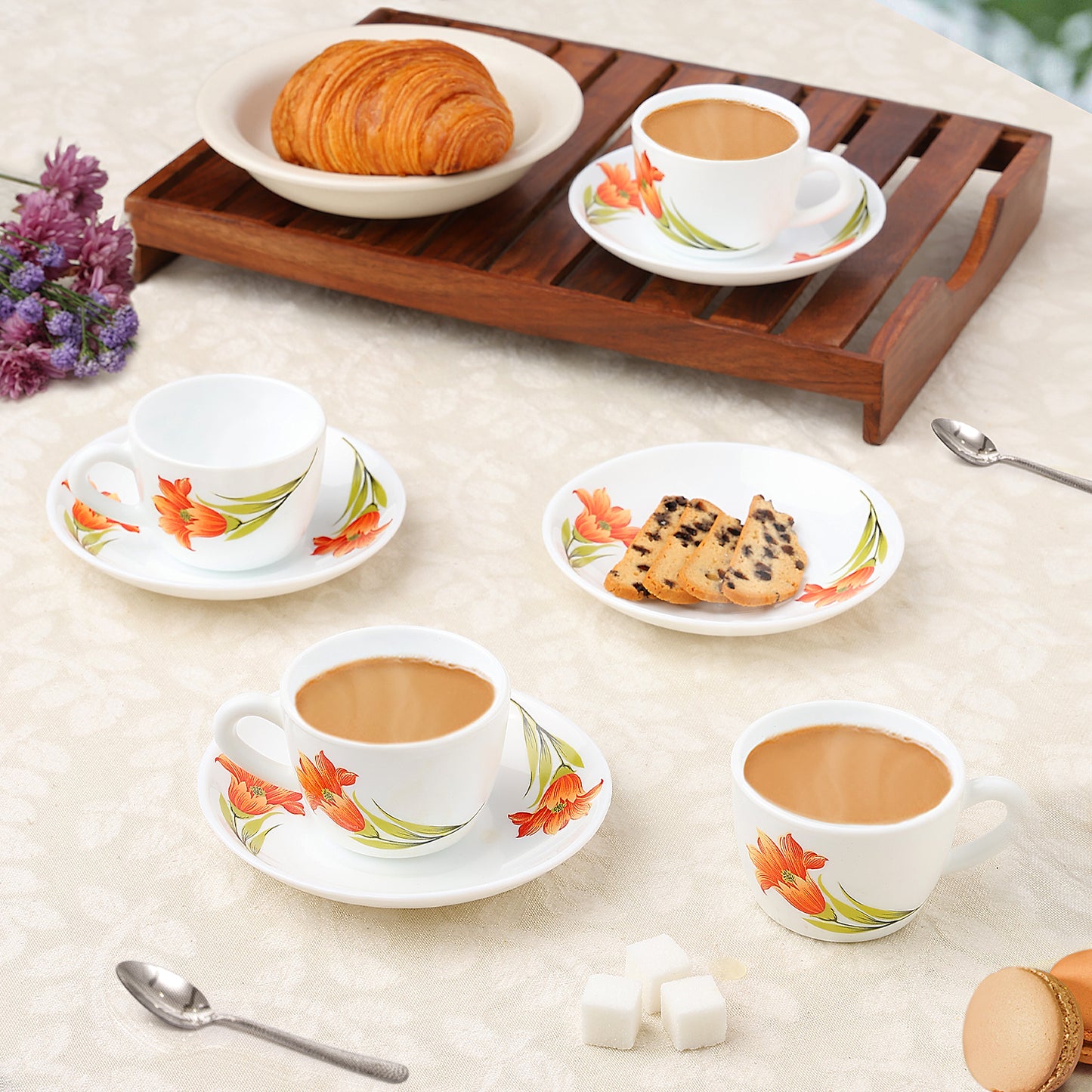 Larah by Borosil Red Iris Cup n Saucer Set 140 ml x 8