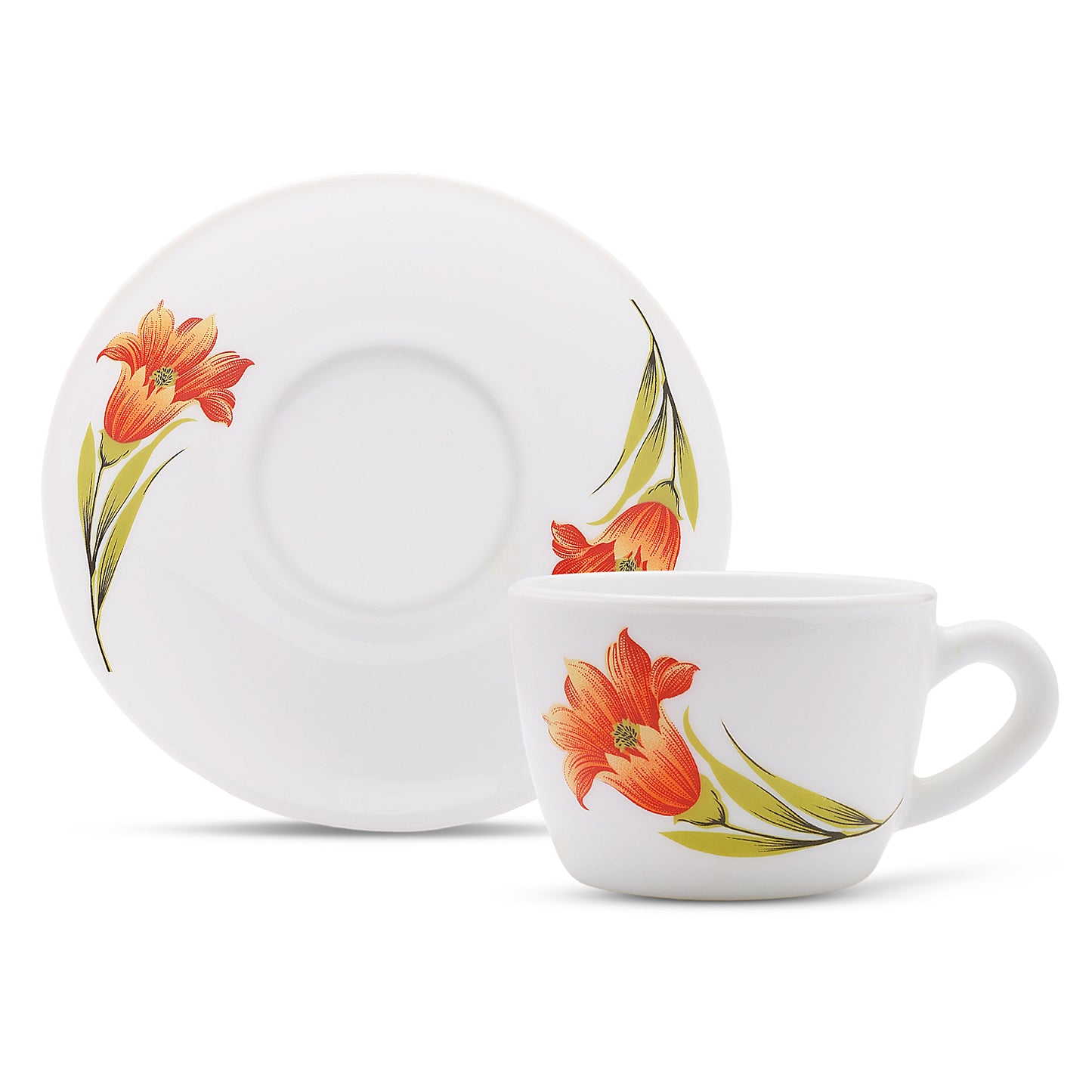 Larah by Borosil Red Iris Cup n Saucer Set 140 ml x 8