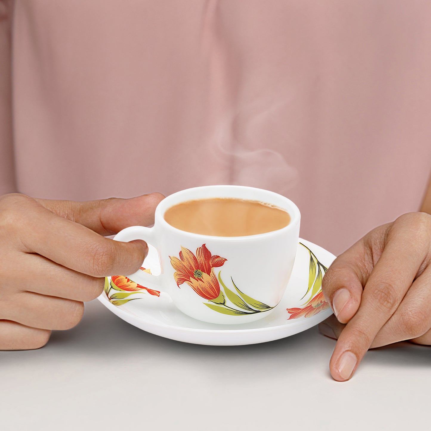 Larah by Borosil Red Iris Cup n Saucer Set 140 ml x 8
