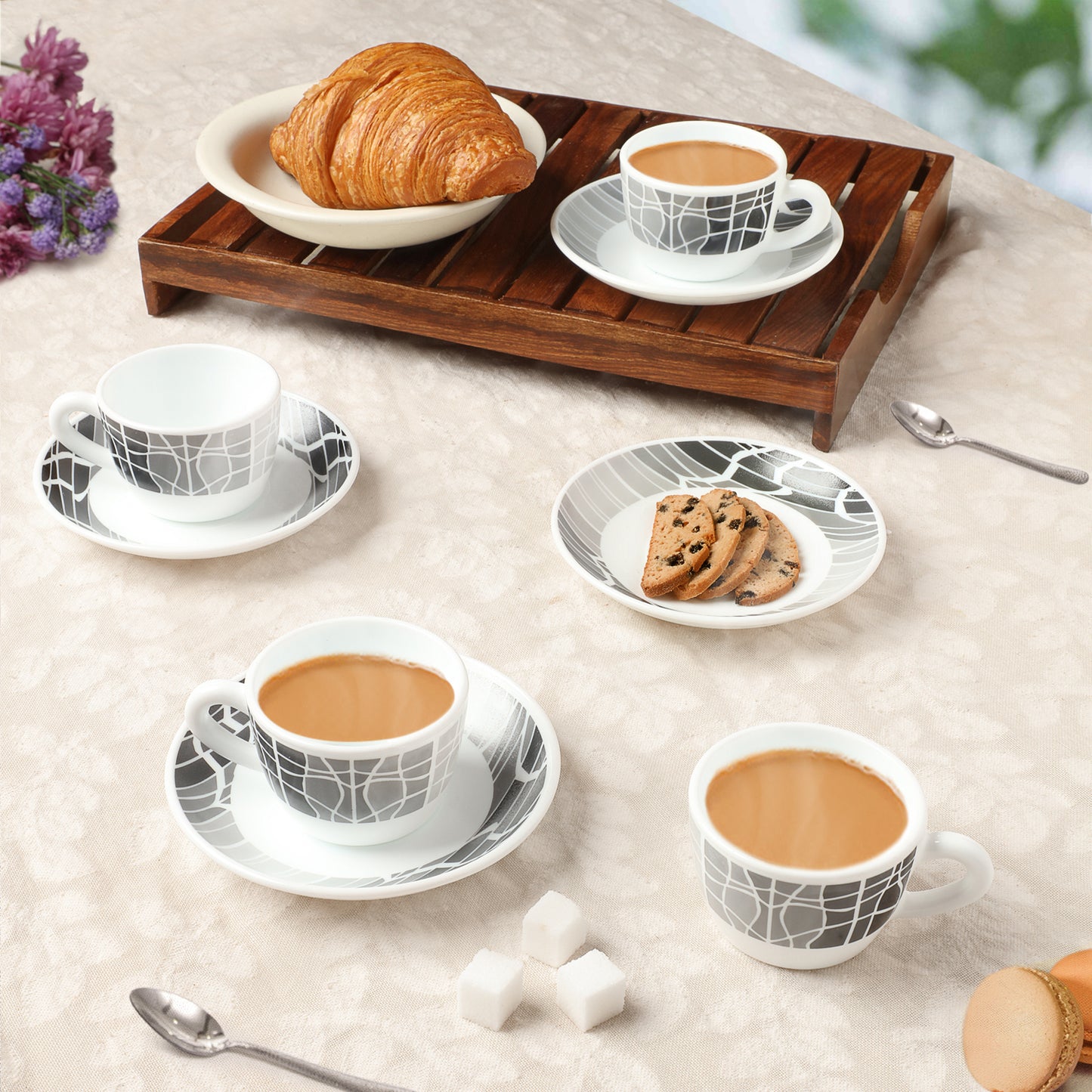 Larah by Borosil Sitara Cup n Saucers Set 140 ml x 8