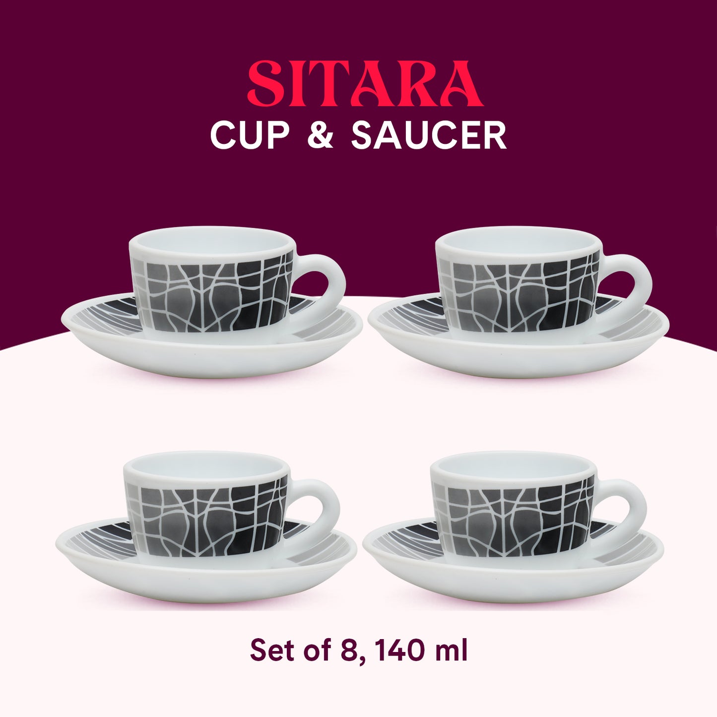 Larah by Borosil Sitara Cup n Saucers Set 140 ml x 8