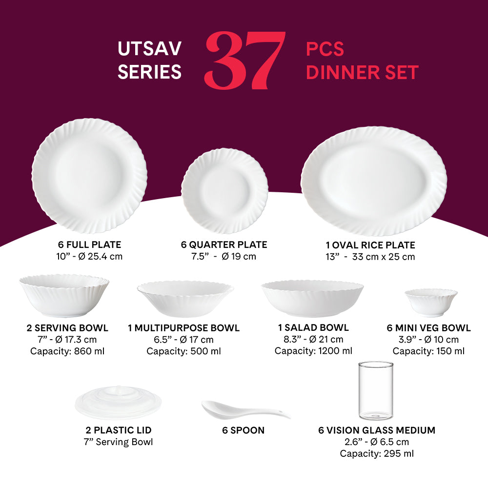 Larah by Borosil, Swirl Dinner Set 37 pc Set: Serves 6