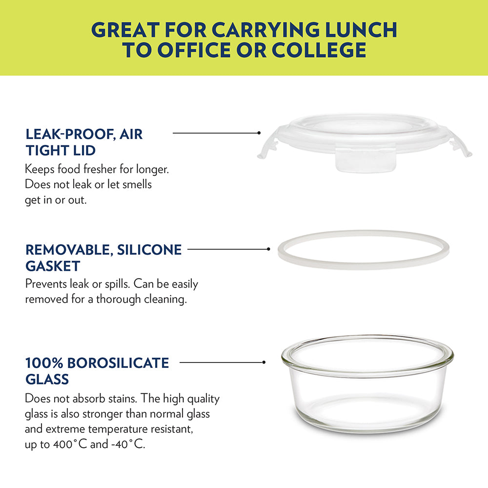 Elite Blue Grey Glass Lunch Box, Round x 3 (Tall), Set of 3, 400ml