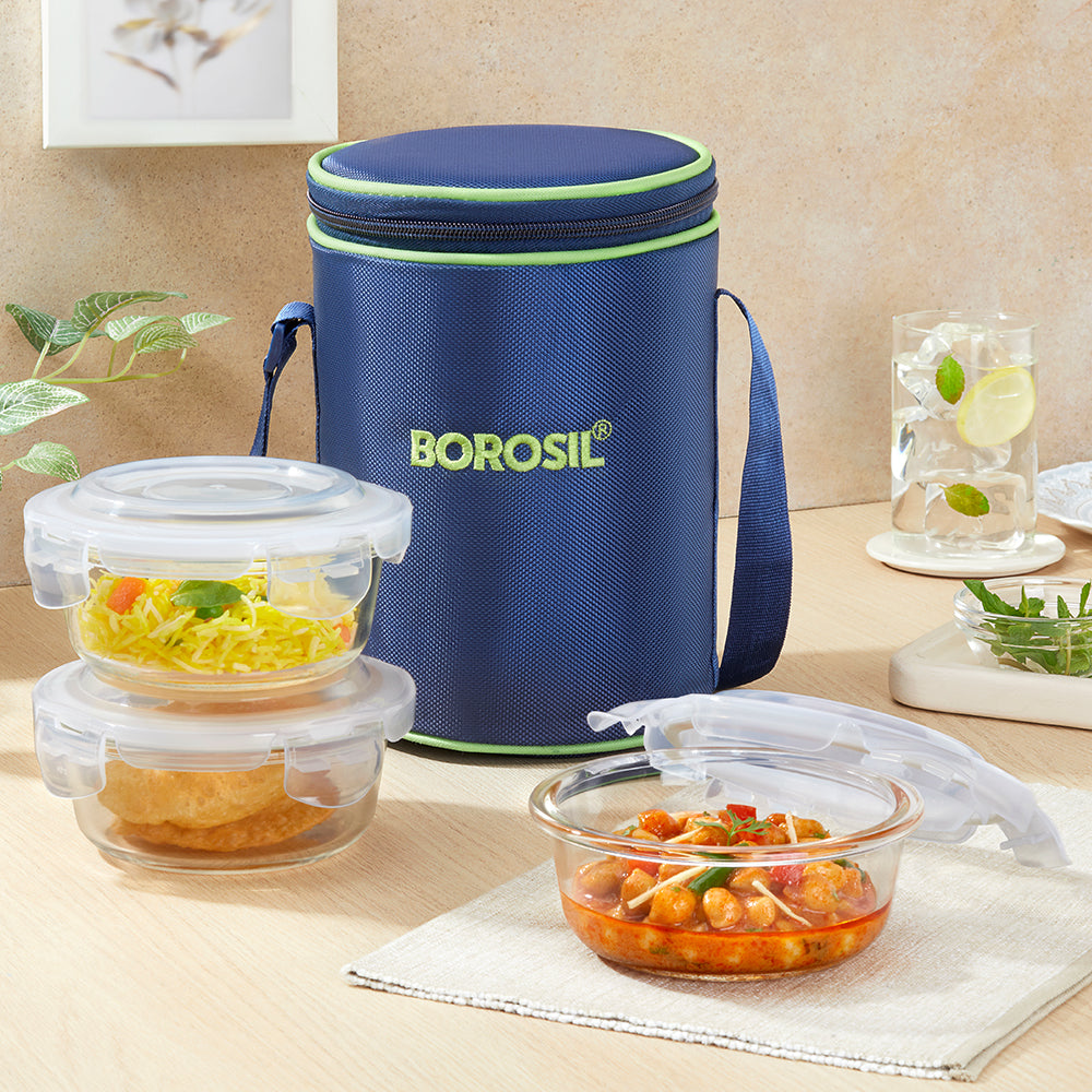Borosil Blue Glass Lunchbox, Round x 3, 400ml x 3