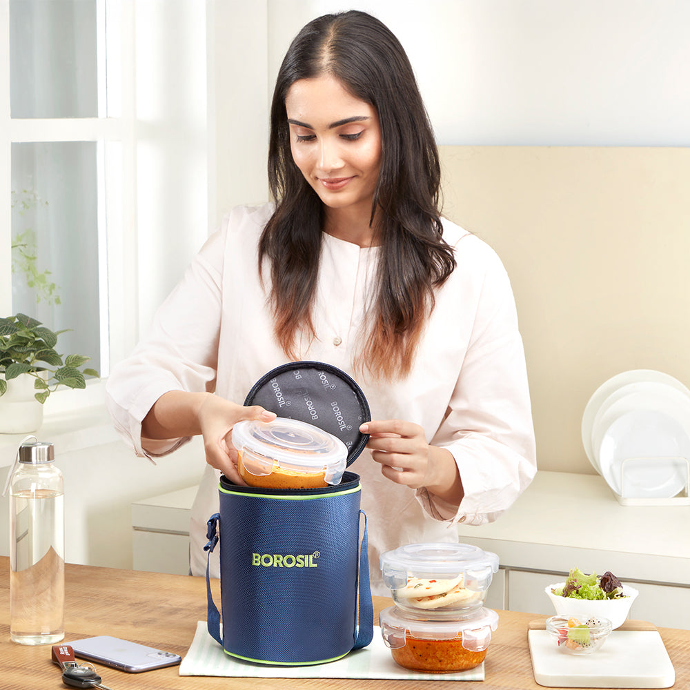 Borosil Blue Glass Lunchbox, Round x 3, 400ml x 3