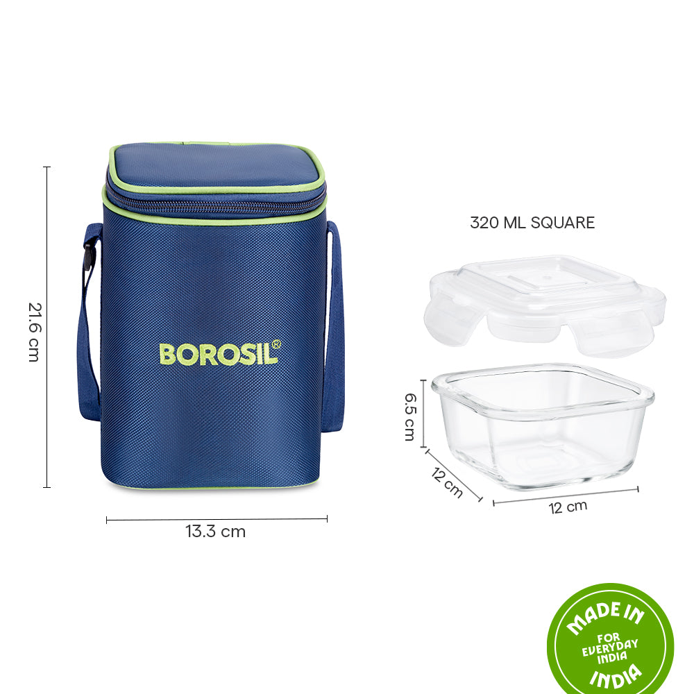 Borosil Blue Glass Lunchbox, Square x 3, 320ml x 3