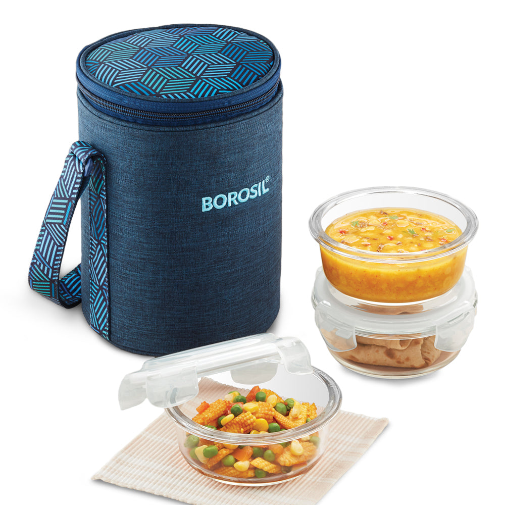 Borosil FoodLuck Blue Lunch Bag, Round x 3 (Tall)