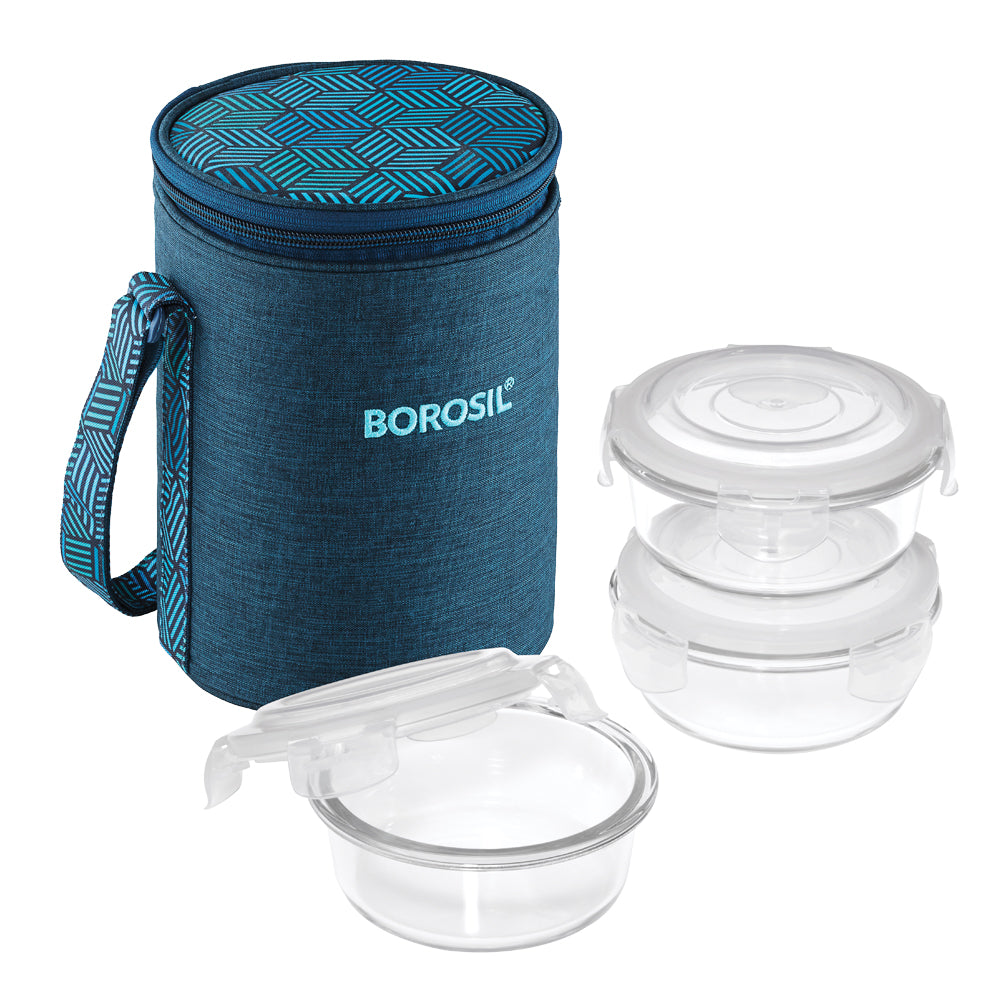 Borosil FoodLuck Blue Lunch Bag, Round x 3 (Tall)