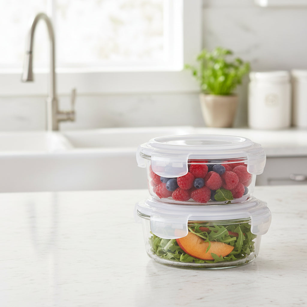 Borosil Klip n Store Round Glass Container, 400 ml - Set of 2