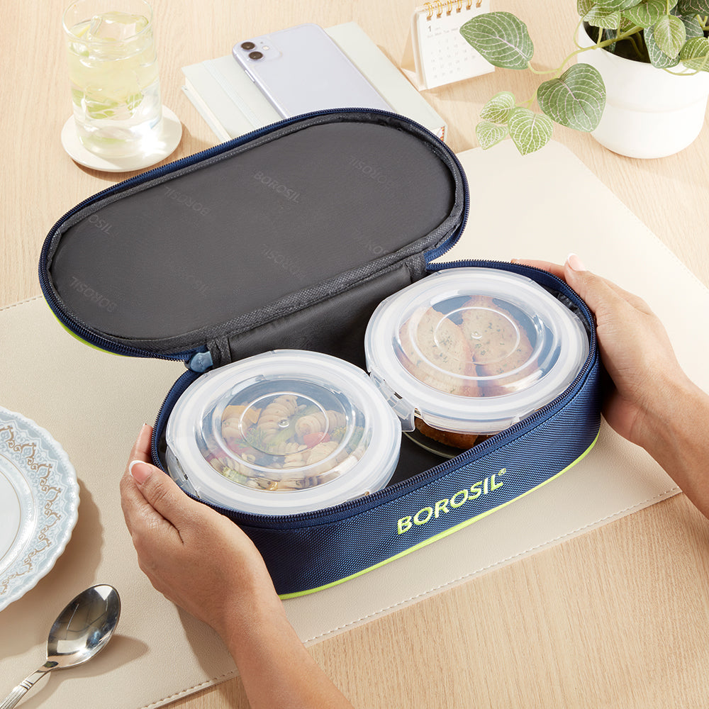 Borosil Blue Glass Lunchbox, Round x 2 (Flat), 400ml x 2